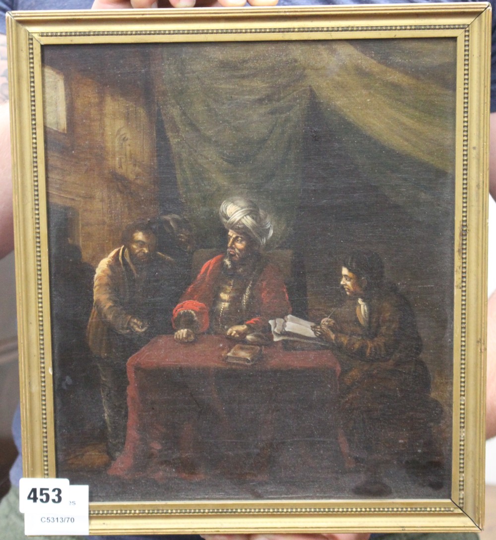 19th century Continental School, oil on board, Turkish money lender, 28 x 25cm